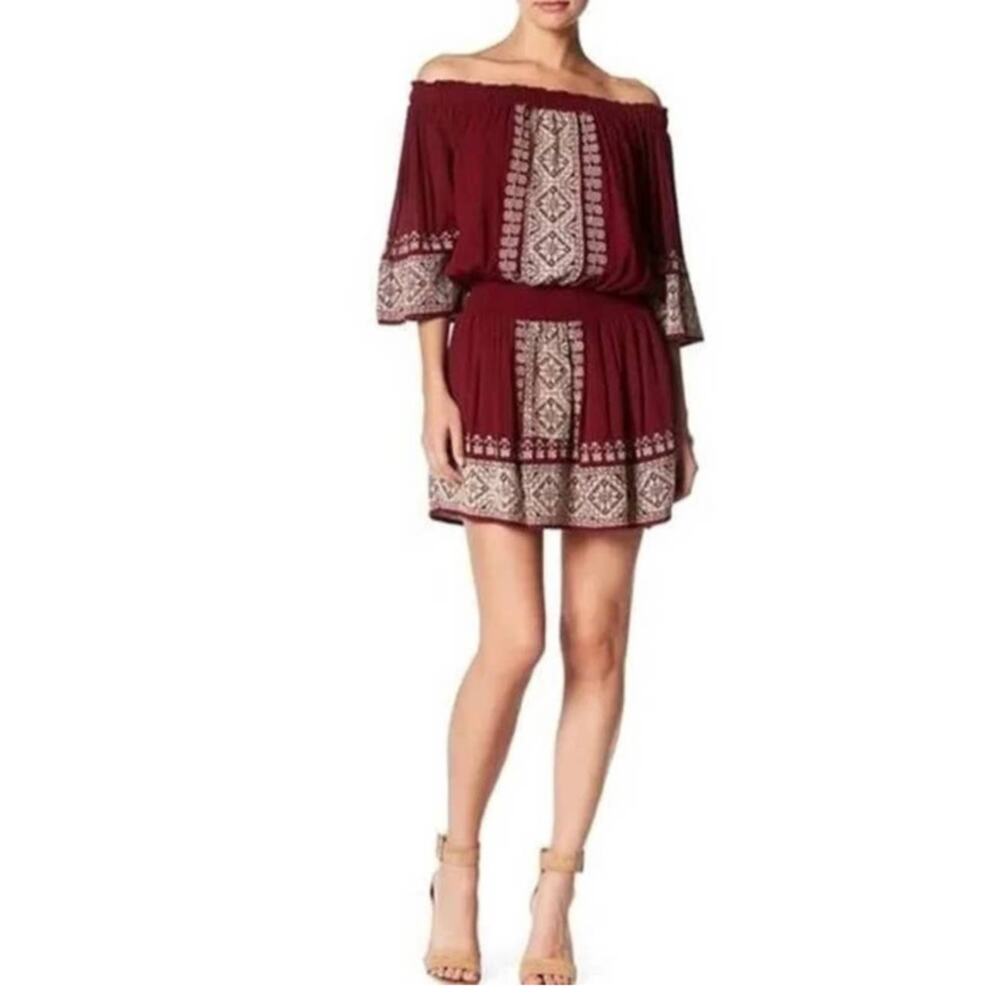 Tularosa Fiona Embroidered Smocked Waist Off Shoulder Dress Size M Medium Red
